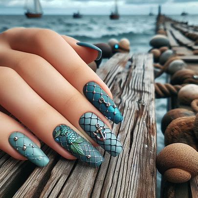 nails painted in muted blue and green tones