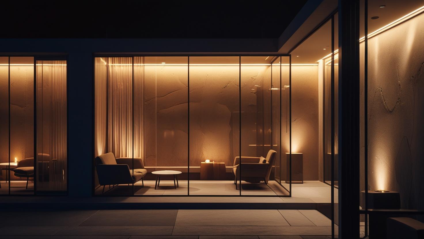 Dimly lit Korean room with ambient lighting, shadows, and minimalist modern furnishings.