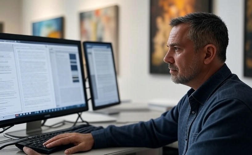 professional investigator analyzing digital documents