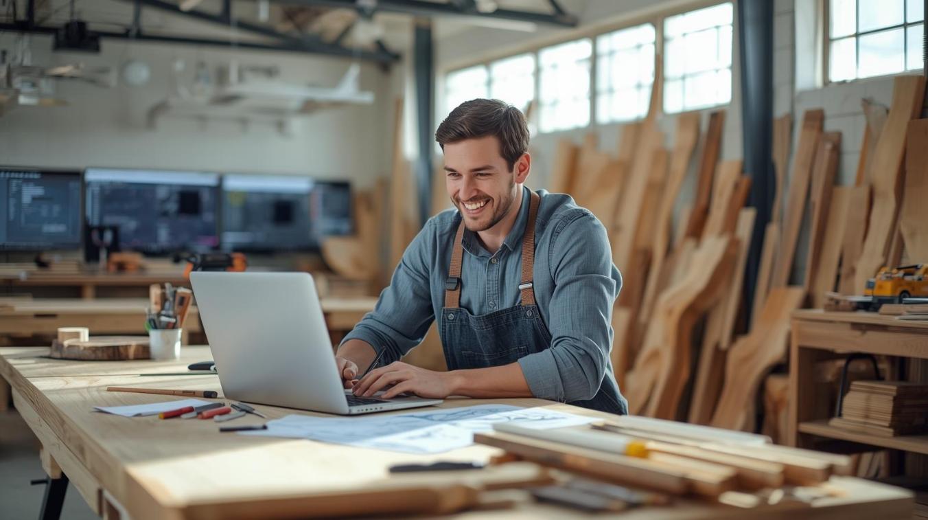 Smiling craftsman designs furniture in sunlit workshop blending modern tools and wood artistry.